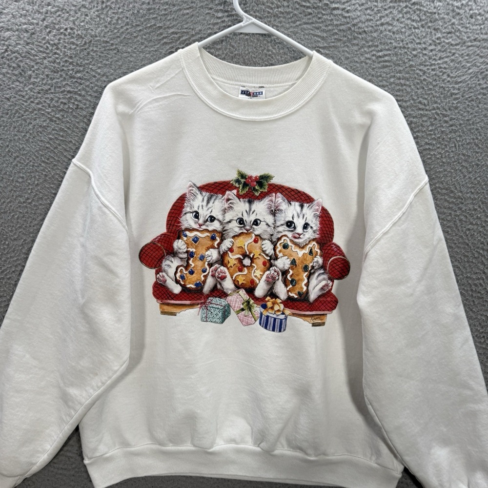 Vintage Jerzees Sweatshirt Womens XL White Crewneck Cats Winter Christmas Y2K - Picture 9 of 12